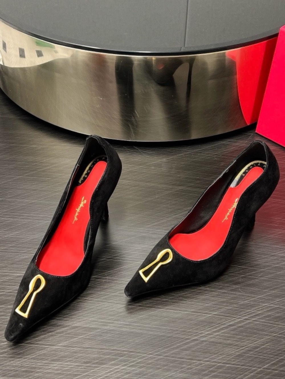 Schiaparelli Black Suede Keyhole Pumps - Picture 5 of 13
